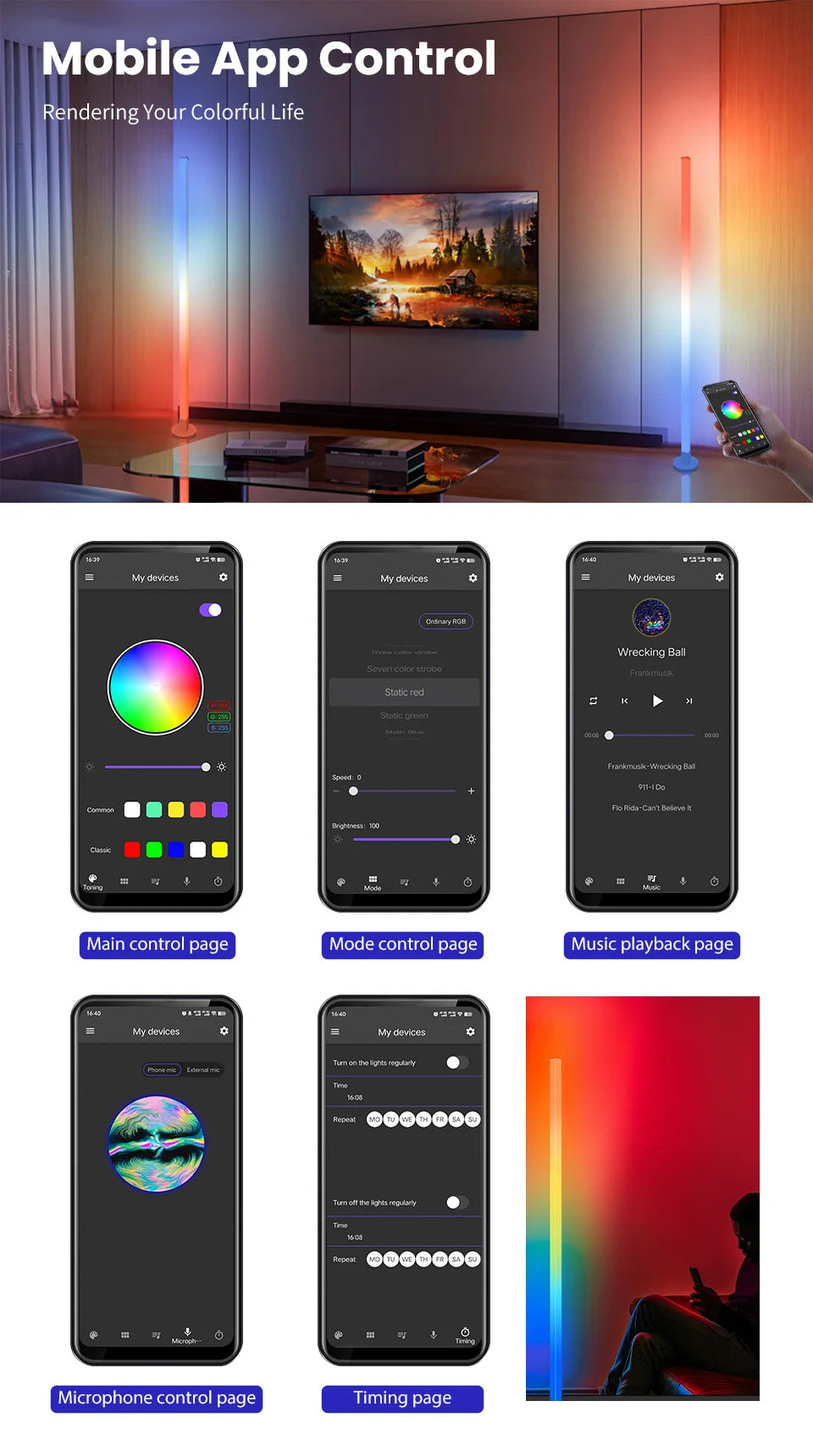 RGB LED Corner Floor Lamp – Smart APP & Remote Control Ambient Light