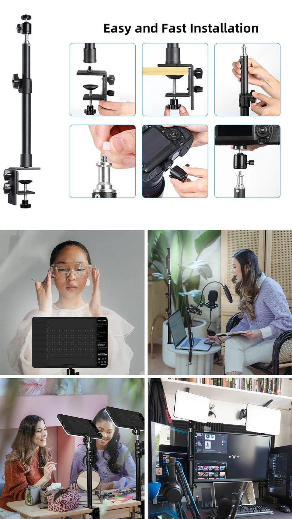 Adjustable Desk Mount Camera & Ring Light Stand – C-Clamp Photography Arm