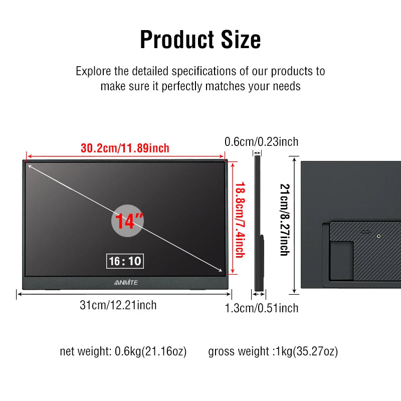 ANMITE 14-Inch Portable Monitor – Touch & Non-Touch Gaming Display