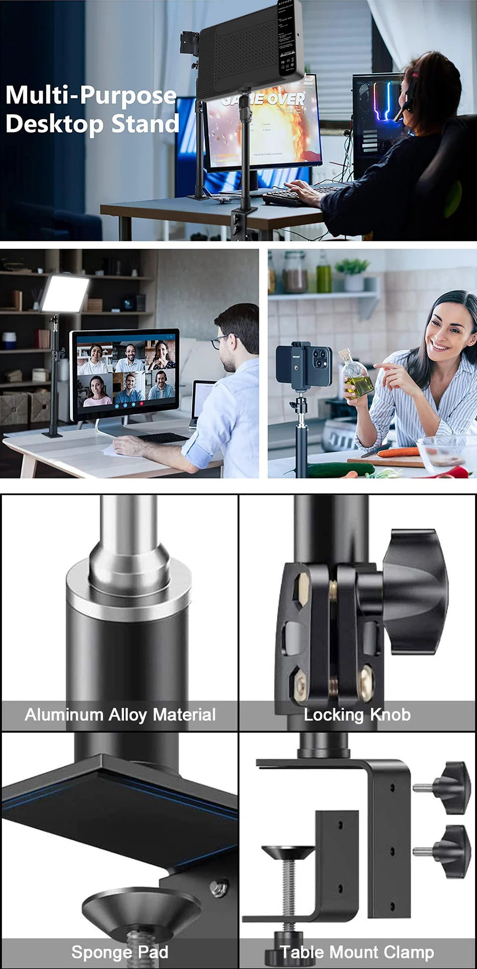 Adjustable Desk Mount Camera & Ring Light Stand – C-Clamp Photography Arm