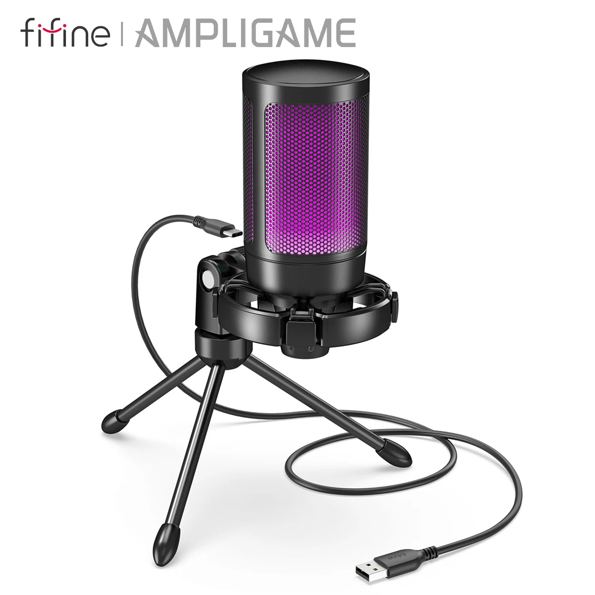 FIFINE AmpliGame RGB USB Gaming Microphone with Touch Mute & Tripod Stand