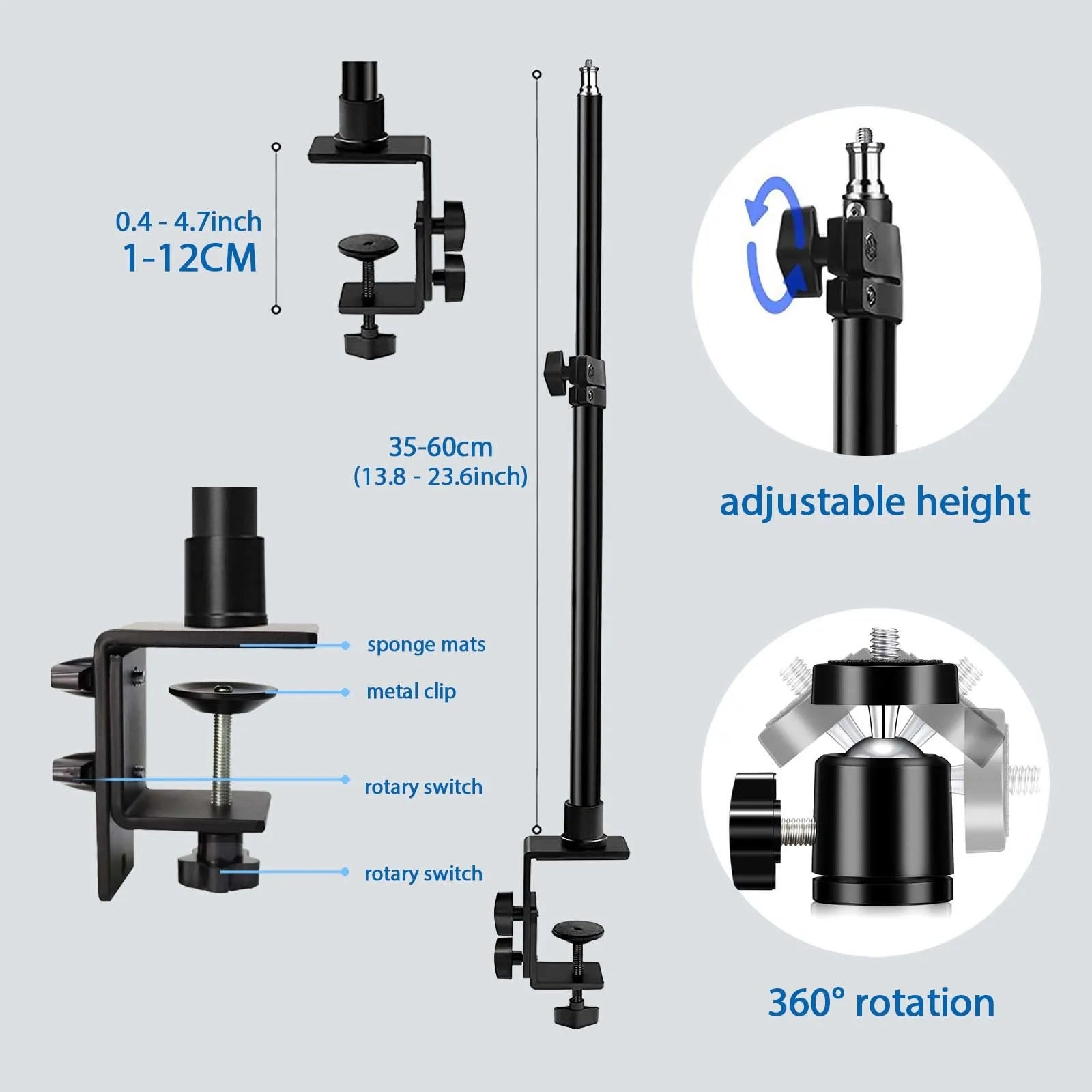Adjustable Desk Mount Camera & Ring Light Stand – C-Clamp Photography Arm