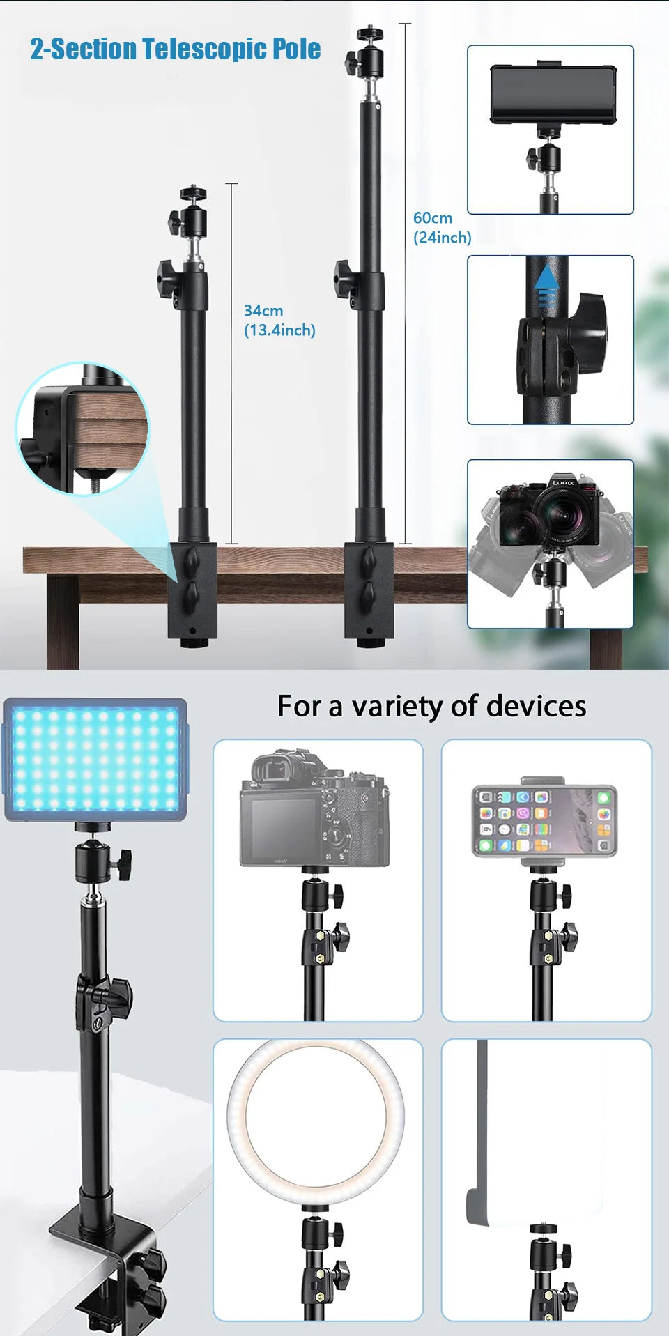 Adjustable Desk Mount Camera & Ring Light Stand – C-Clamp Photography Arm