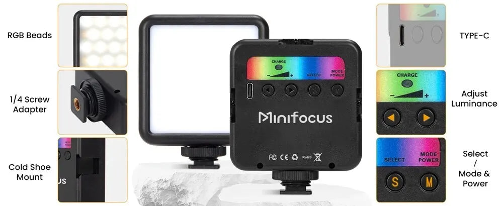 MiniFocus RGB Video Light – Rechargeable LED Camera Light for Streaming, Photography & Video