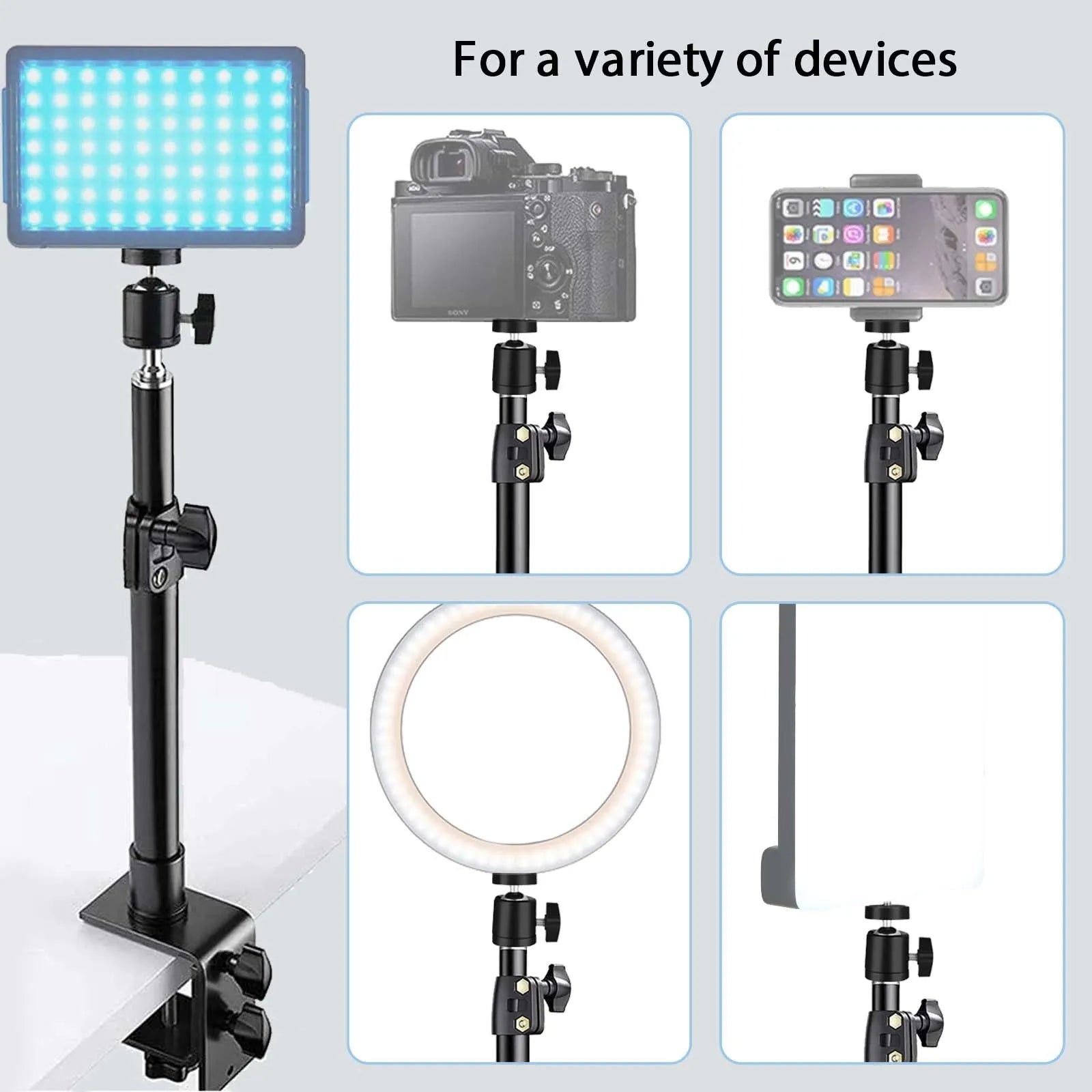 Adjustable Desk Mount Camera & Ring Light Stand – C-Clamp Photography Arm
