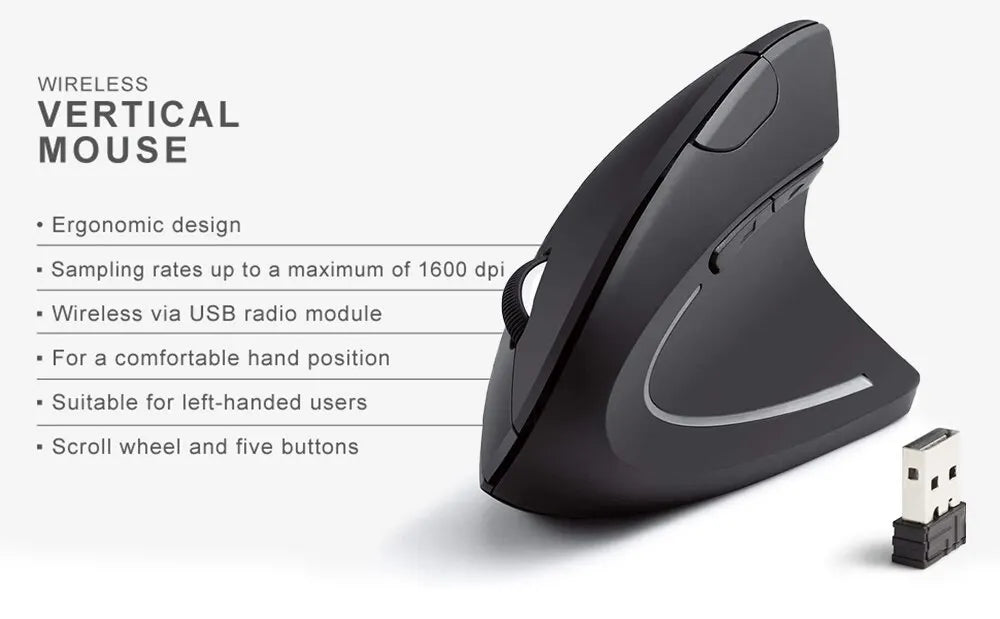 Ergonomic Vertical Wireless Mouse – 6 Button Bluetooth Mouse with Adjustable DPI