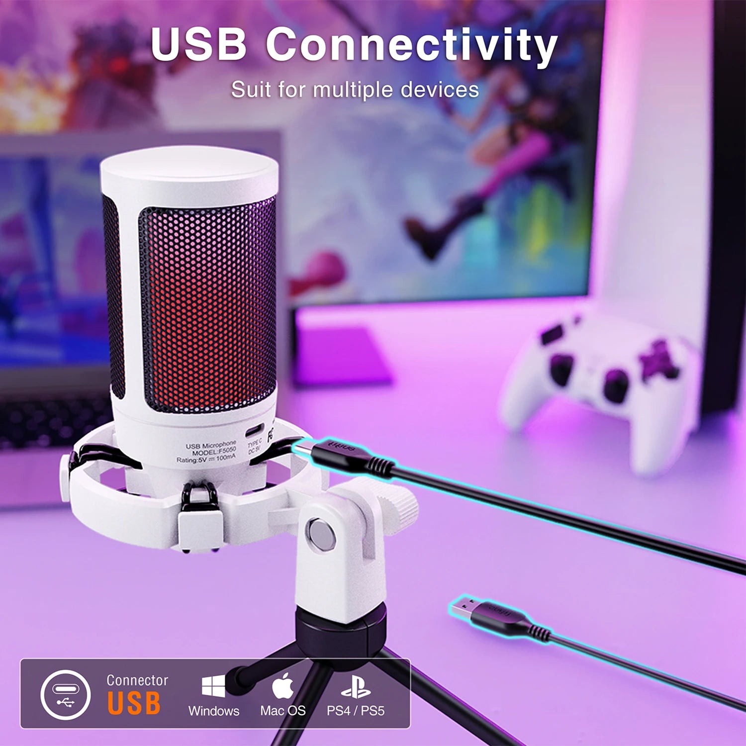 AmpliGame USB Gaming Microphone with RGB & Quick Mute