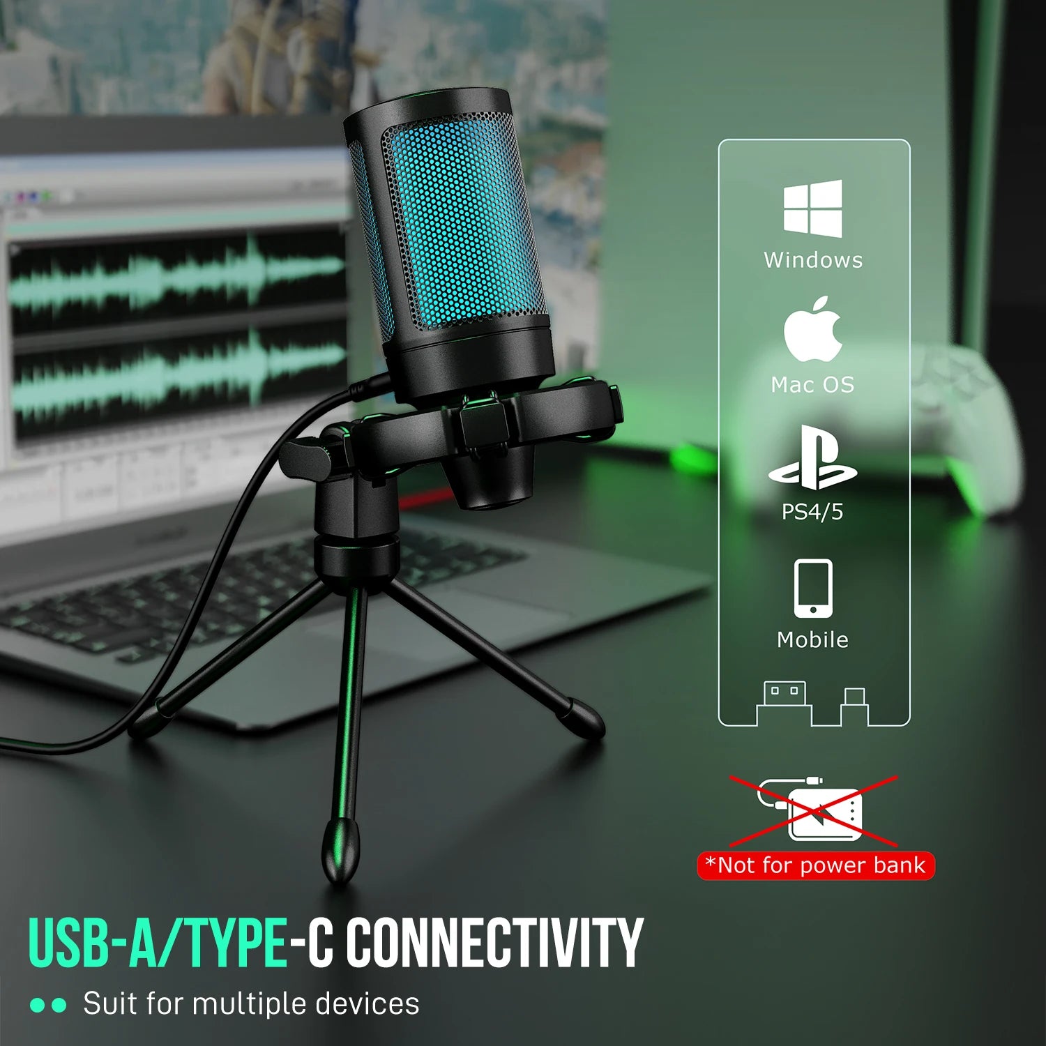 FIFINE AmpliGame RGB USB Gaming Microphone with Touch Mute & Tripod Stand