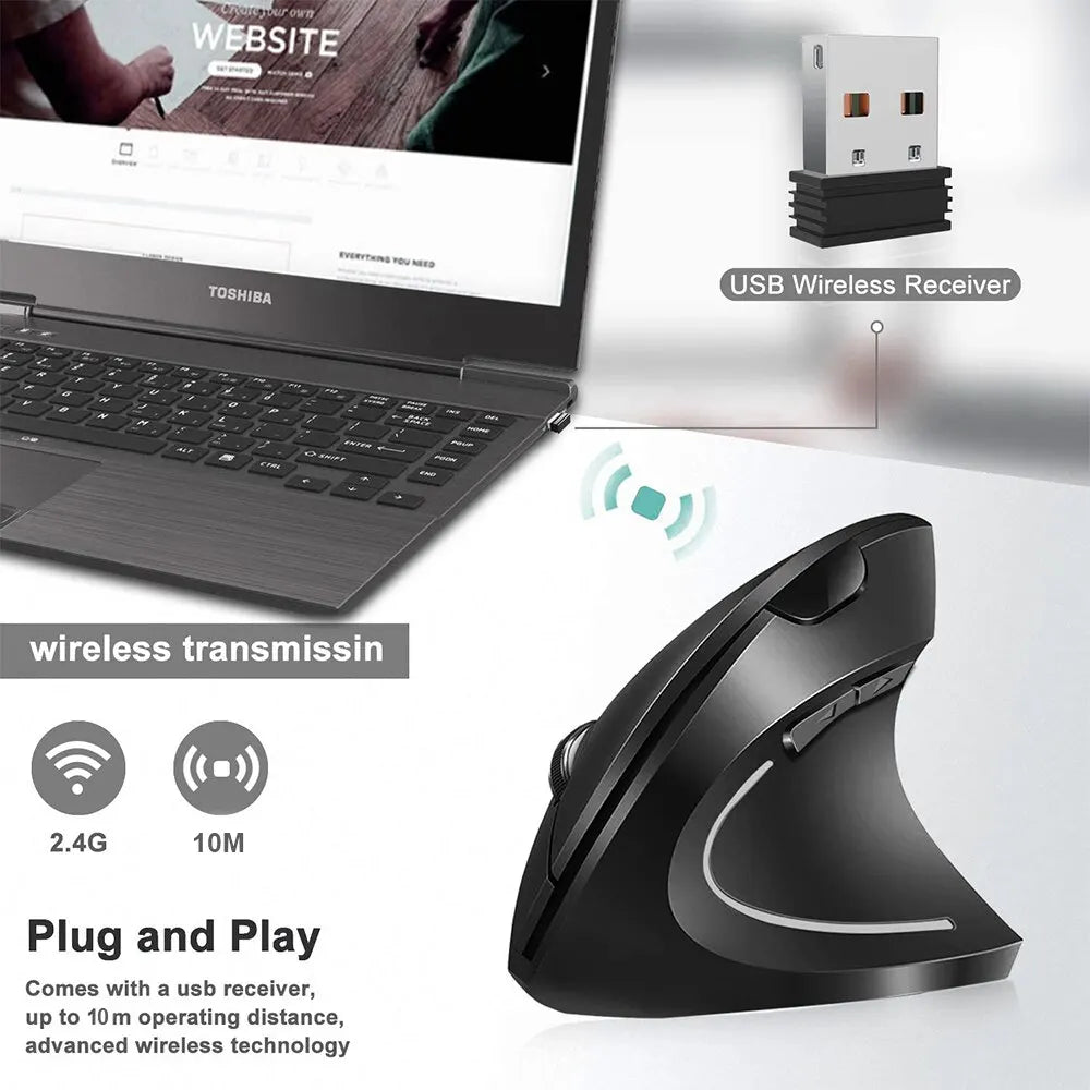 Ergonomic Vertical Wireless Mouse – 6 Button Bluetooth Mouse with Adjustable DPI