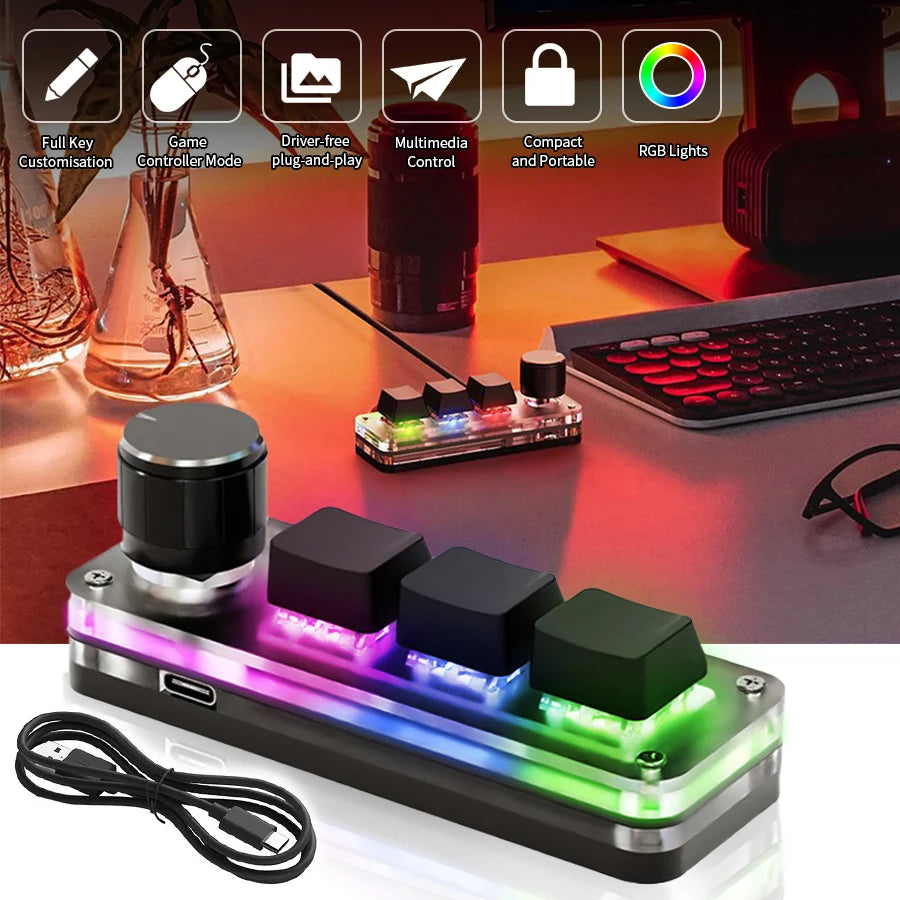 USB Mechanical Macro Keyboard – 3-Key RGB Custom Gaming Keypad