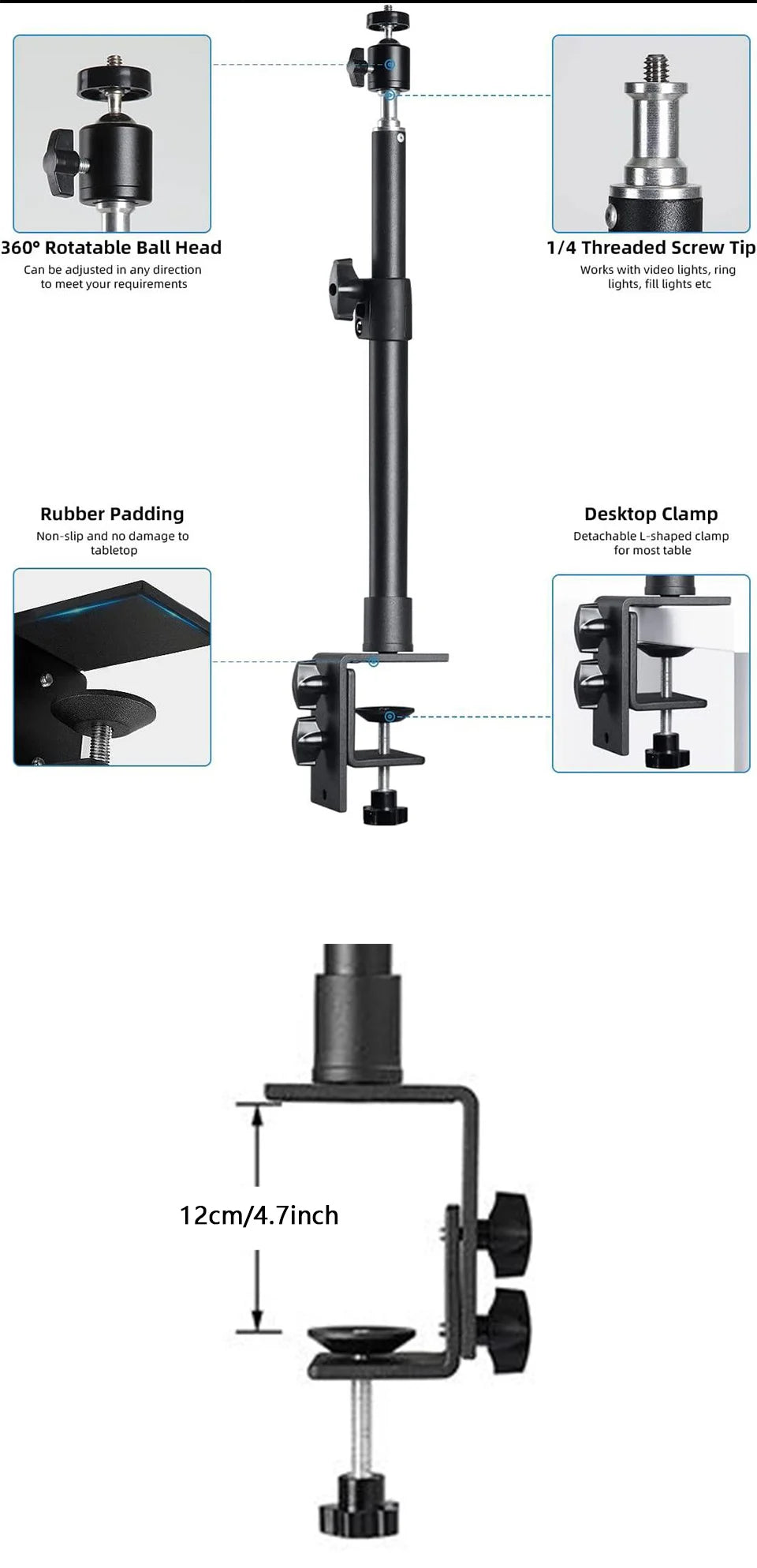 Adjustable Desk Mount Camera & Ring Light Stand – C-Clamp Photography Arm