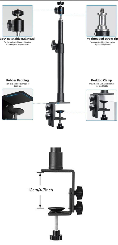 Adjustable Desk Mount Camera & Ring Light Stand – C-Clamp Photography Arm