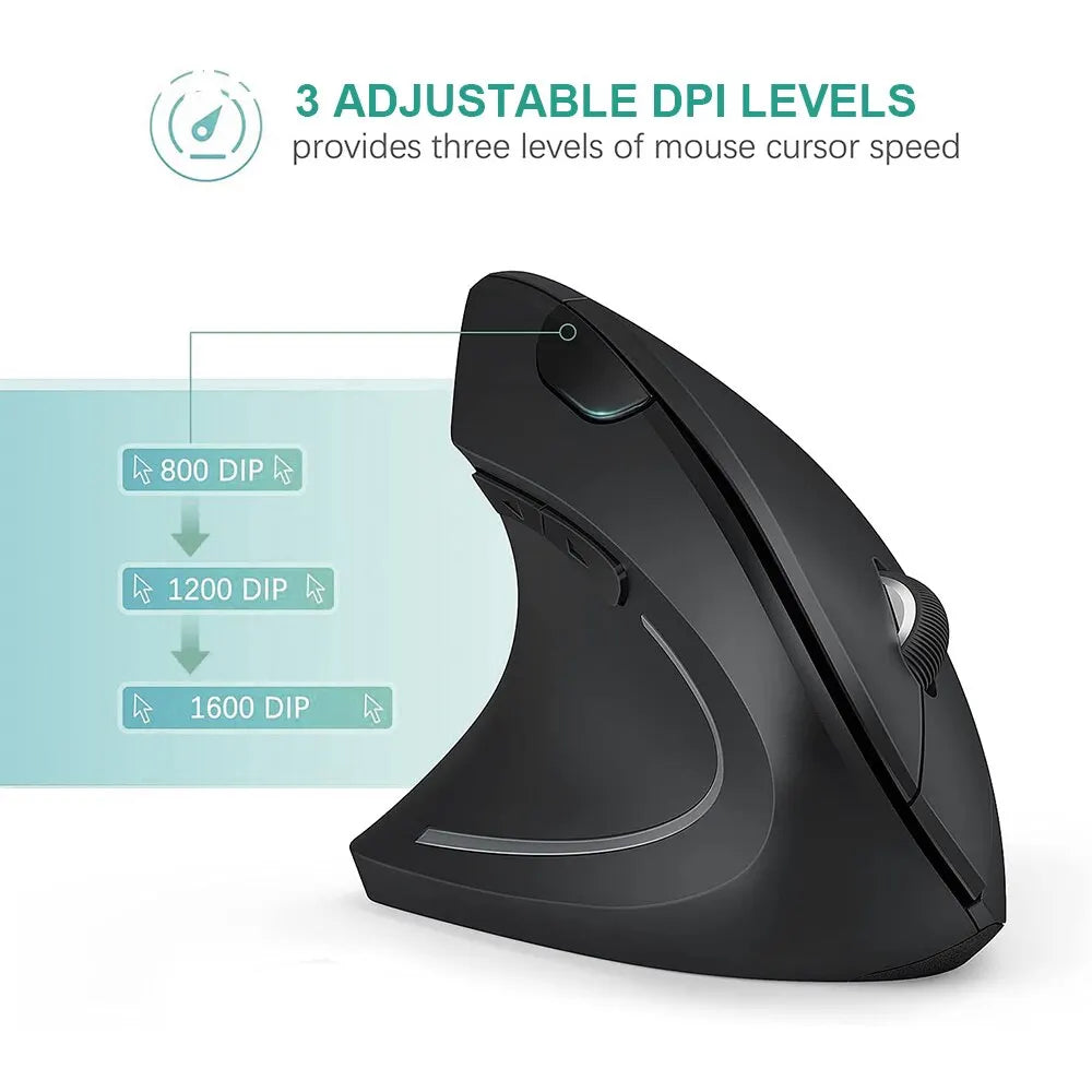 Ergonomic Vertical Wireless Mouse – 6 Button Bluetooth Mouse with Adjustable DPI