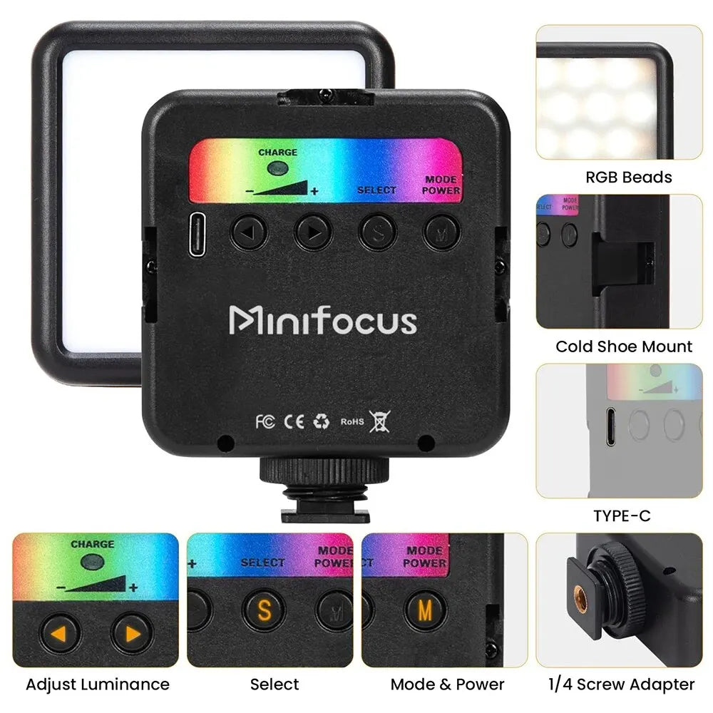 MiniFocus RGB Video Light – Rechargeable LED Camera Light for Streaming, Photography & Video
